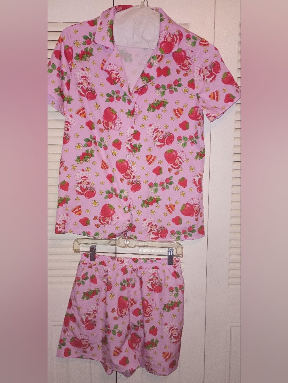Women Pink SHEIN Strawberry Shortcake Pajama Top & Shorts Set (S)